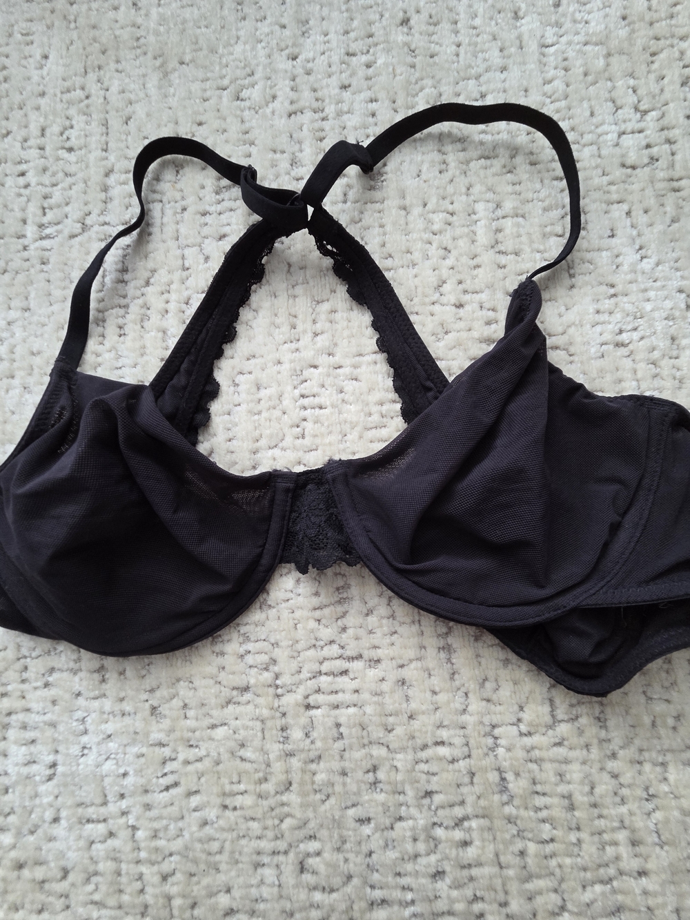HAPPY 32D Black Sheer Mesh Underwire Strappy Racerback Bra